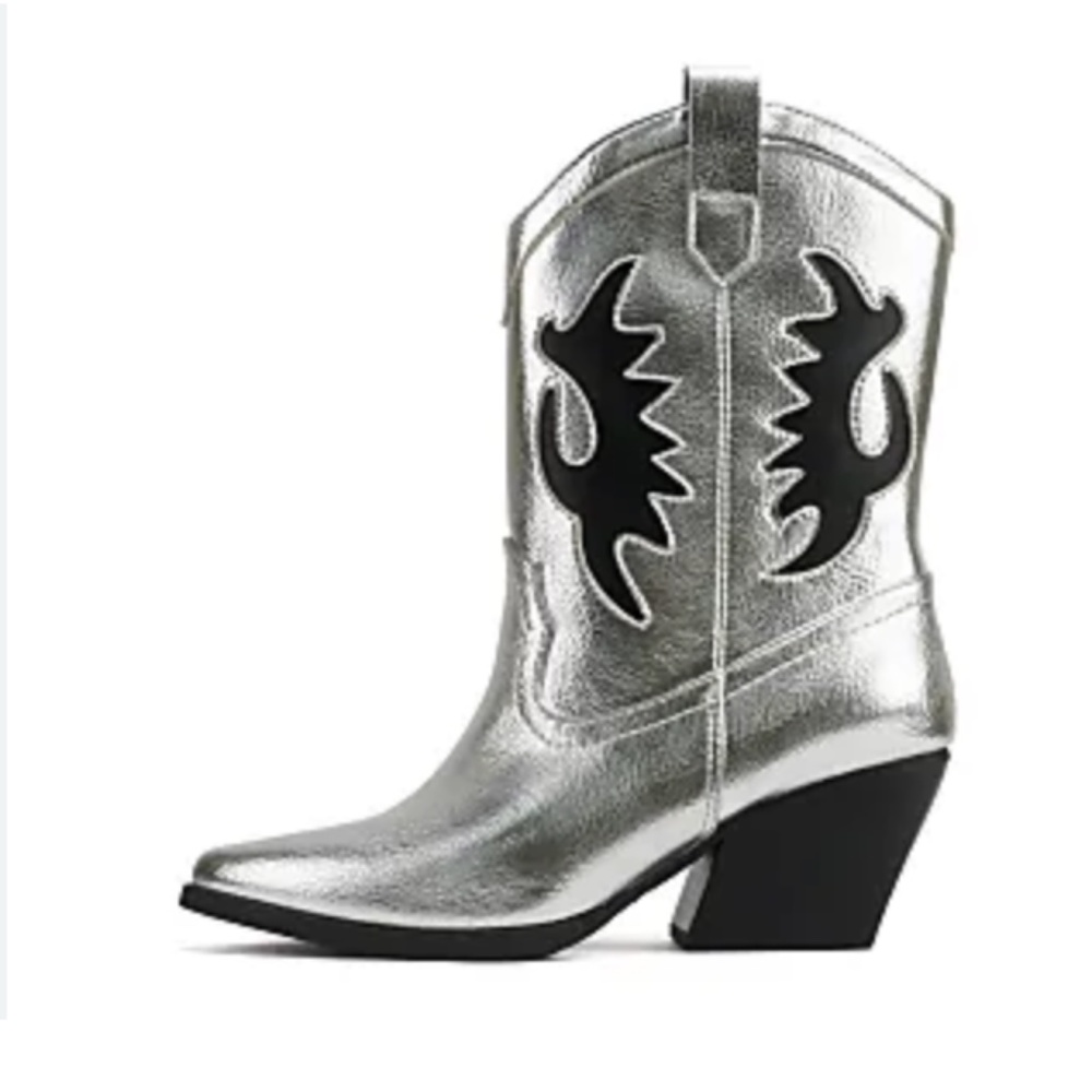 Soda Giga Silver Metallic Black Western Chunky Heel Mid Shaft Cowboy Boots NEW